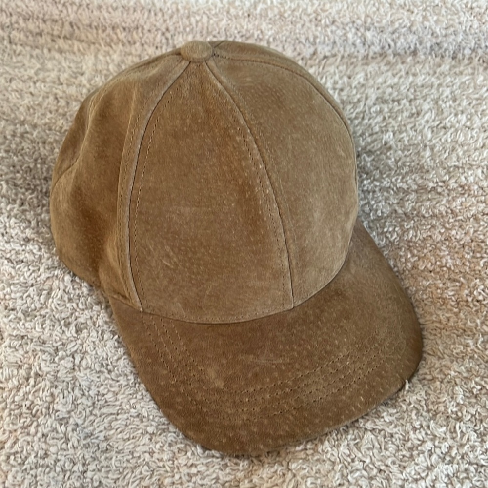 Suede tan ball cap. Lightly worn but good shape.